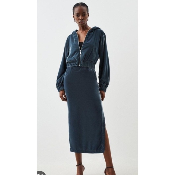 Karen Millen Tailored Slinky Velvet Skirt Set Cropped Hoodie Teal Blue Size 4 Karen Millen Tailored Slinky Velvet Skirt Set Cropped Hoodie Teal Blue Size 4